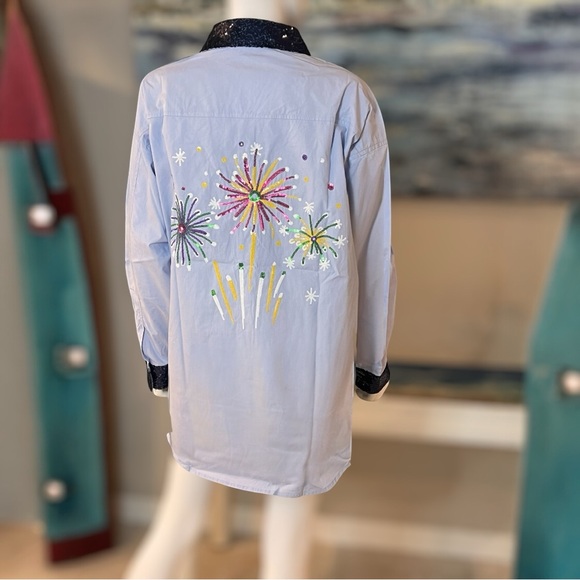 FANTASTIC FAWN button front cotton sequin accent blouse S M L - Picture 9 of 11